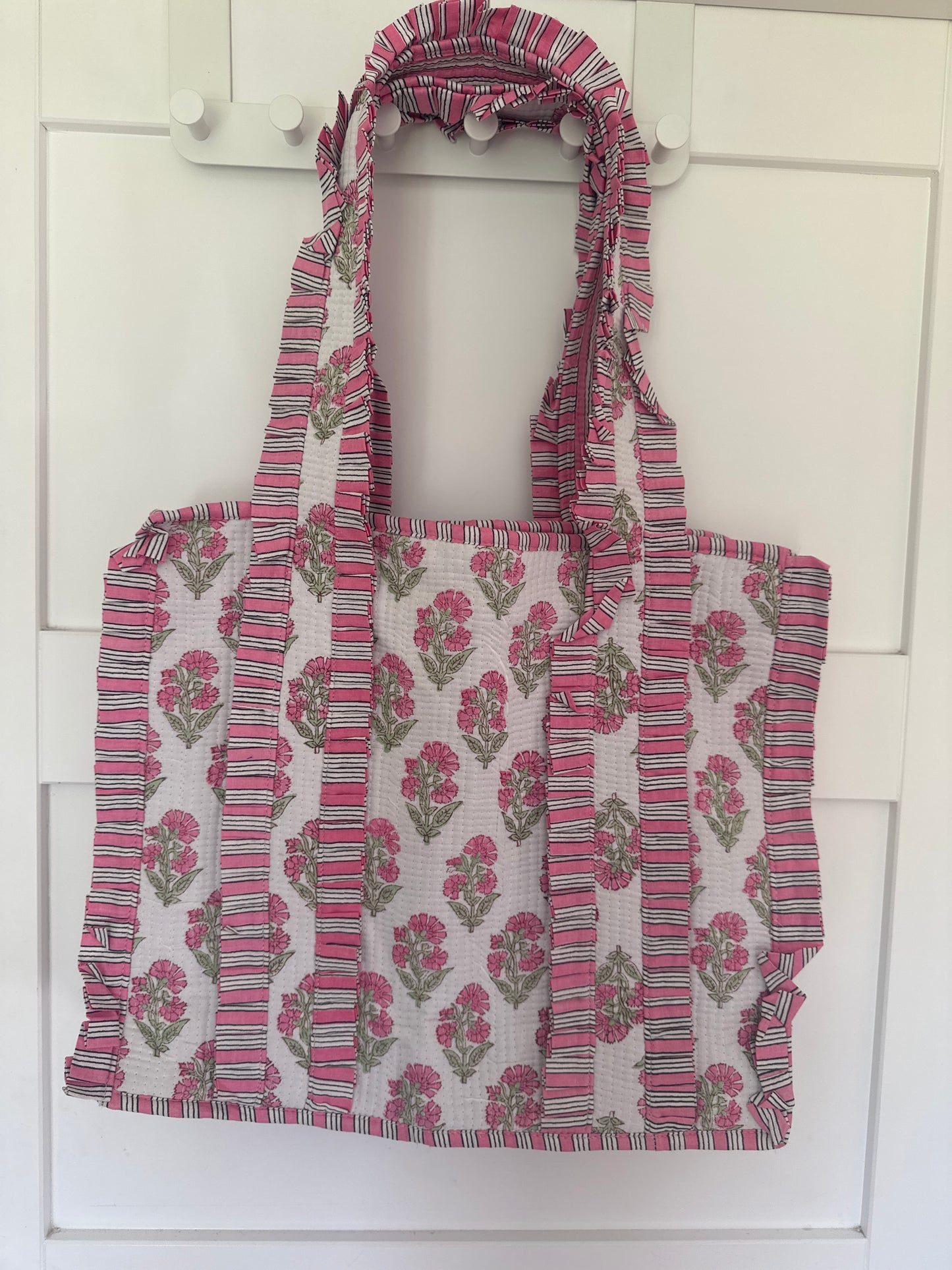 Ruffle Cotton Tote Bag - Pink and Green