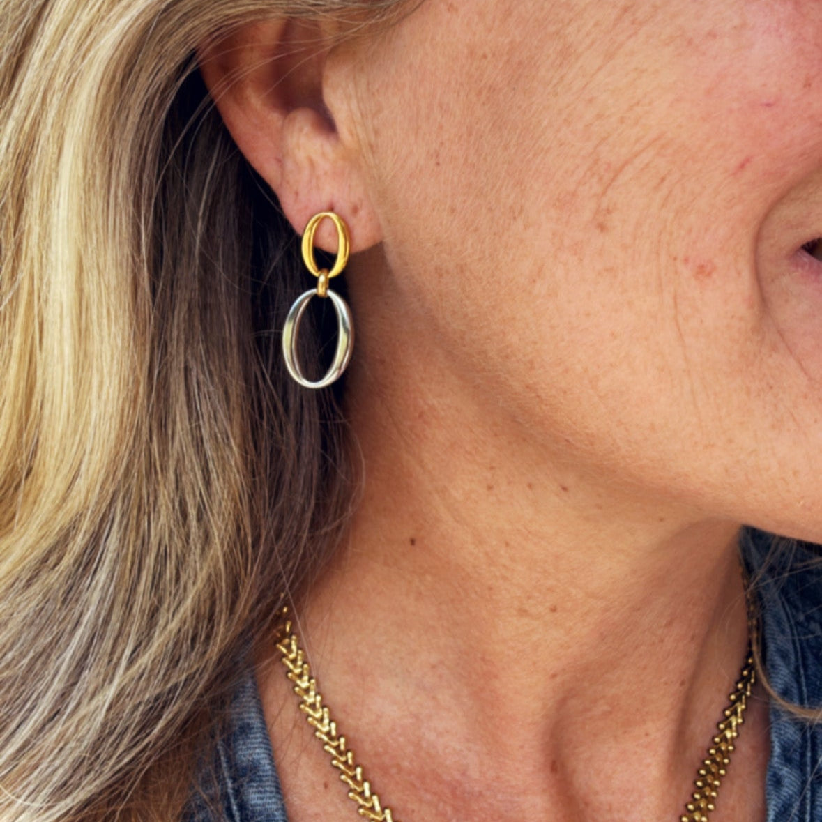 Two Tone Oval Drop Earrings