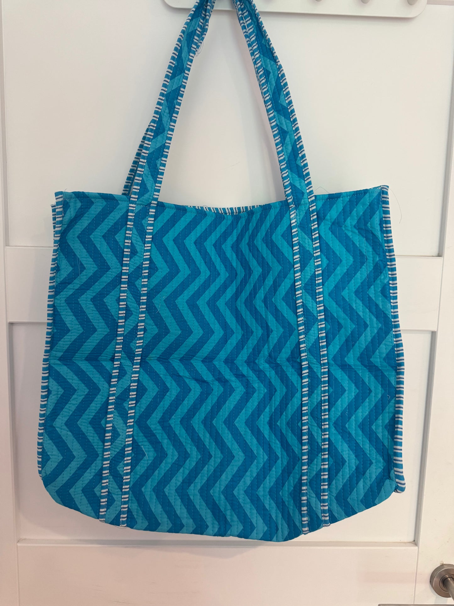 Cotton Tote Bag - Bright Aqua Chevron