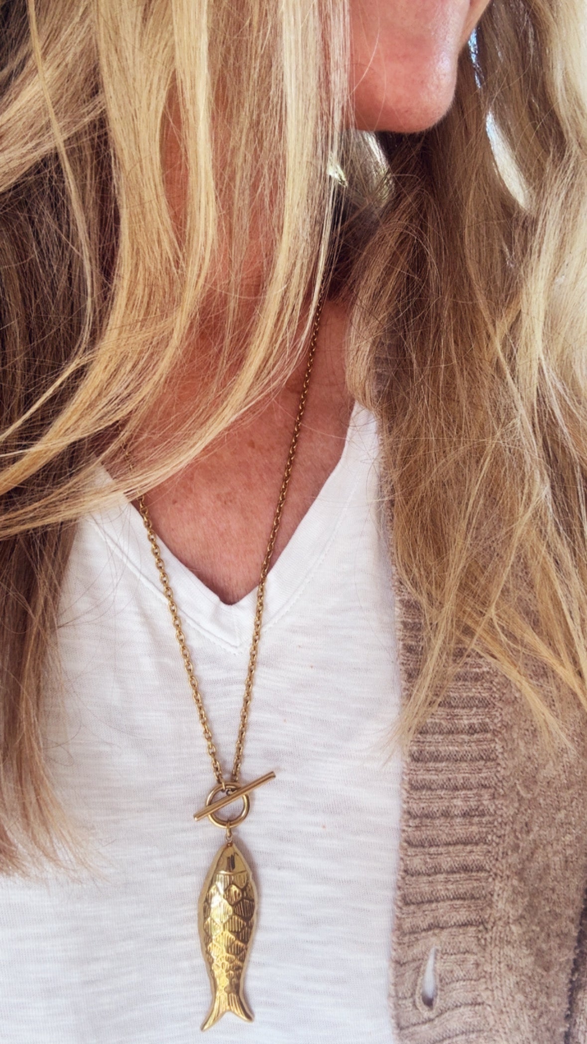 Hannah's Long Fish Pendant Necklace - Gold