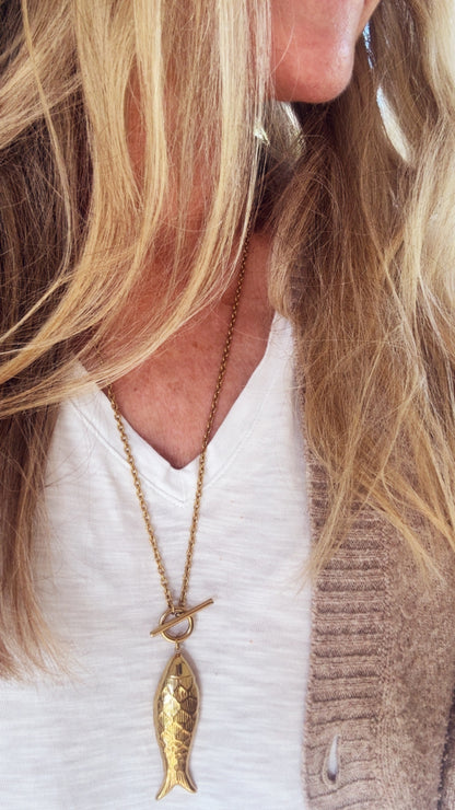 Hannah's Long Fish Pendant Necklace - Gold