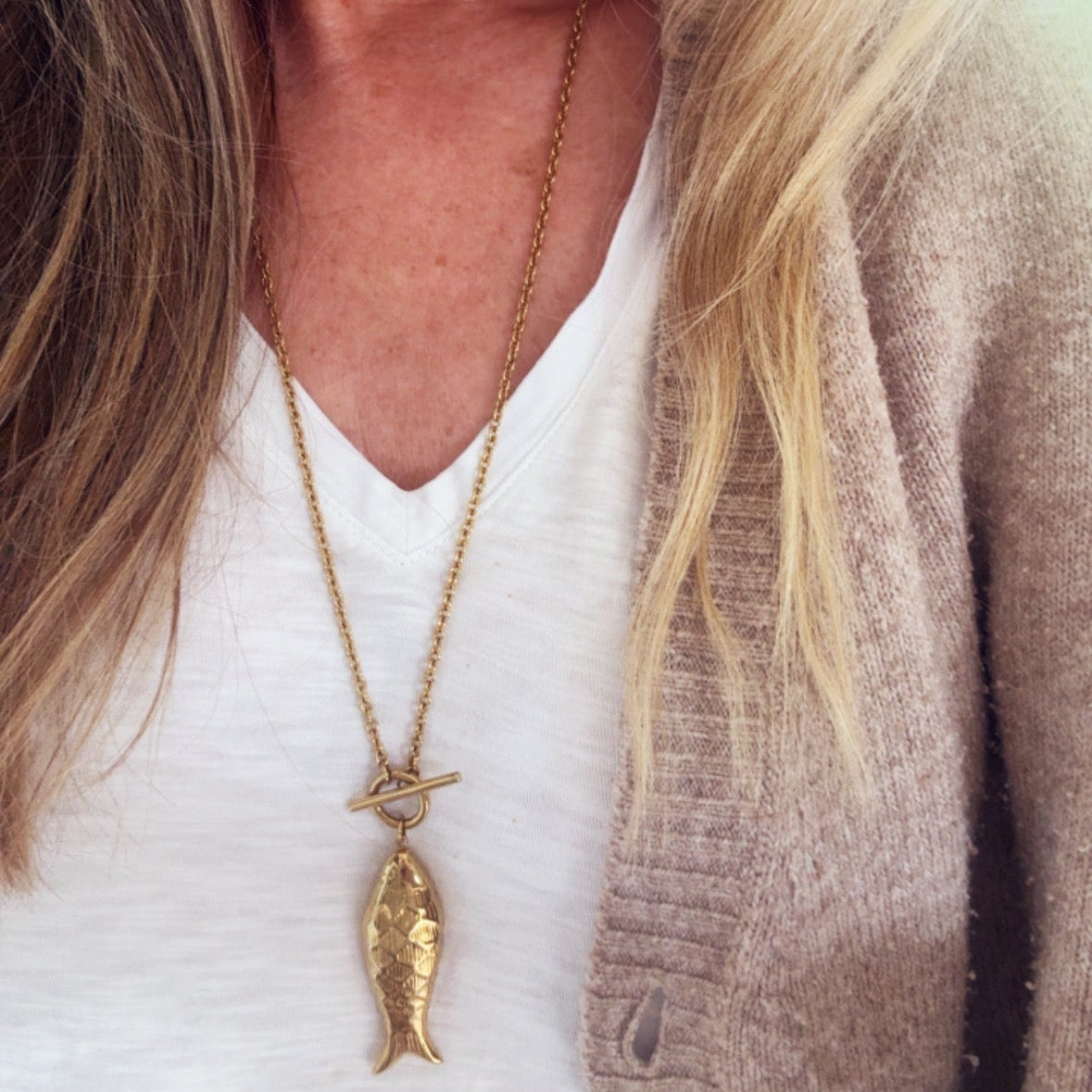 Hannah's Long Fish Pendant Necklace - Gold