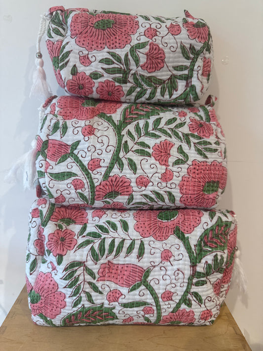 Wash Bag SETS OF 3 - Pink and Green Flowers