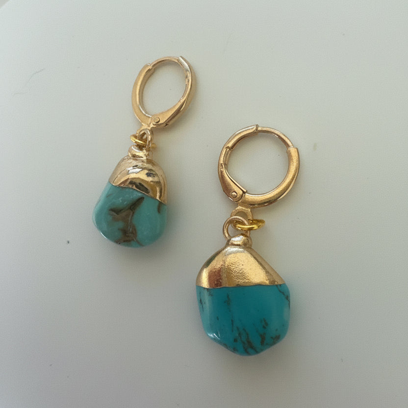 Turquoise Stone Droplet Earrings - Gold