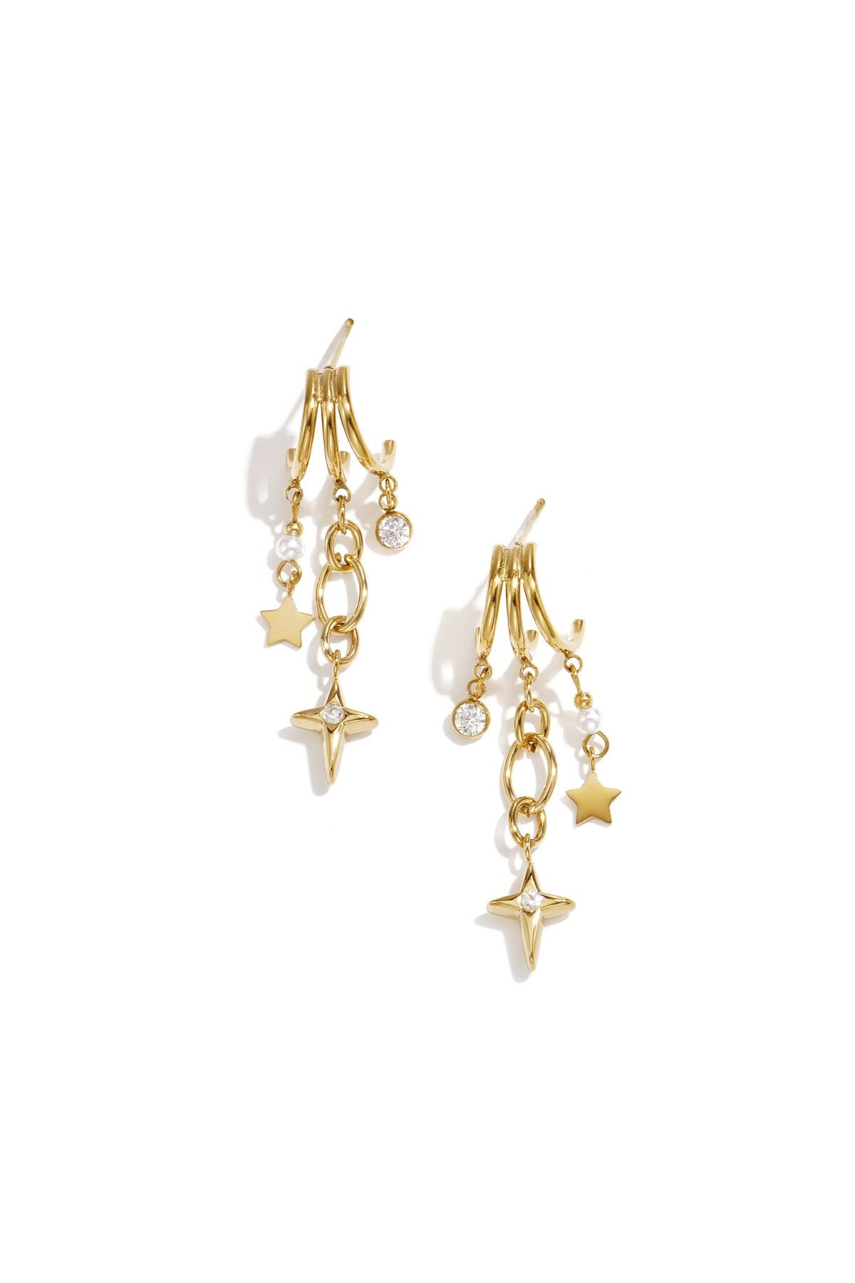 Triple Star Zircon Pendant Earrings - Gold