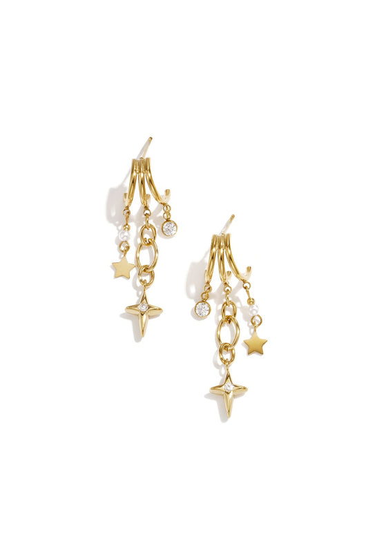 Triple Star Zircon Pendant Earrings - Gold