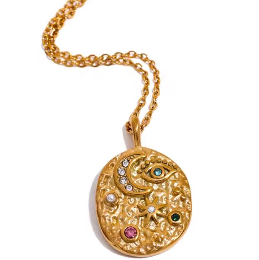 Gold Moon Eye & Star Disc Necklace ( DUE WK OF 10th NOVEMBER )