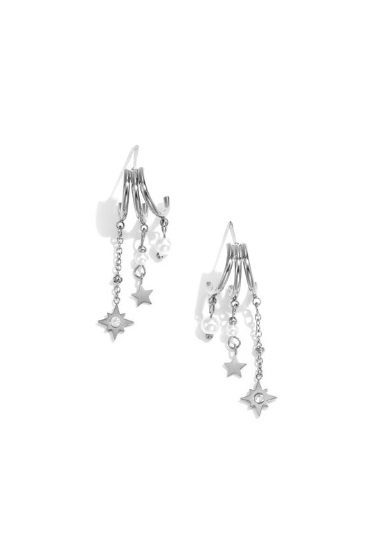 Triple Star Pearl Pendant Earrings - Silver