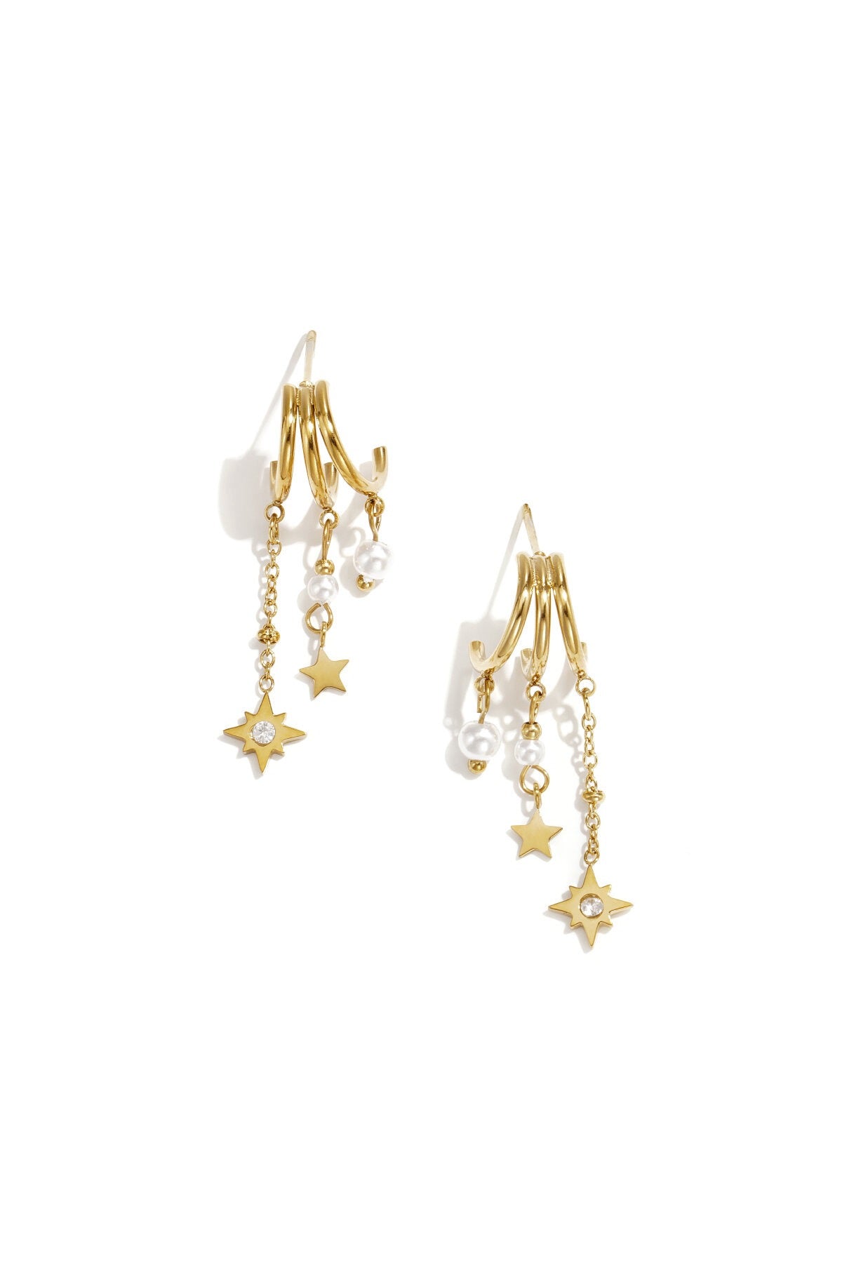 Triple Star Pearl Pendant Earrings - Gold