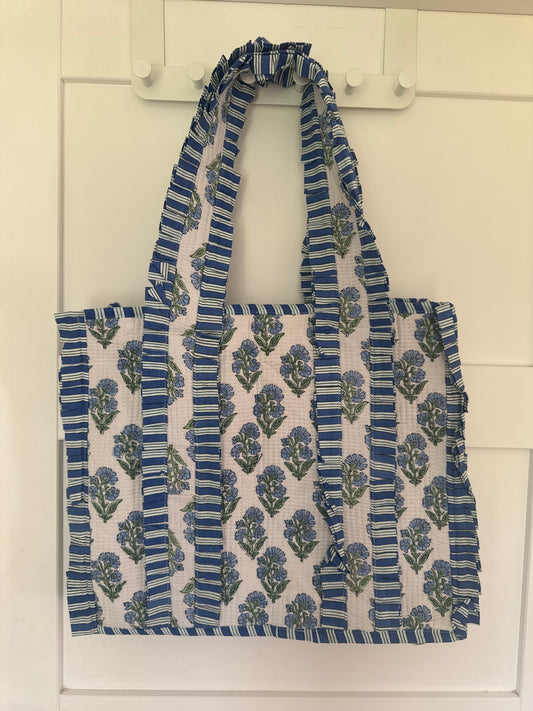 Ruffle Cotton Tote Bag - Blues