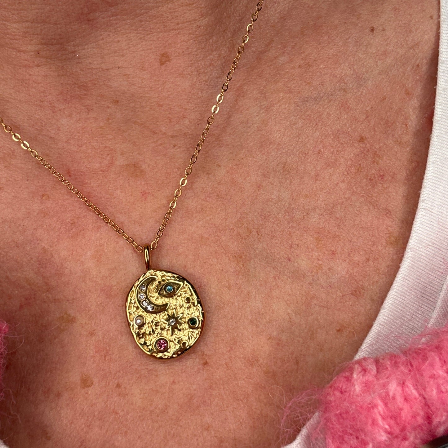 Gold Moon Eye & Star Disc Necklace