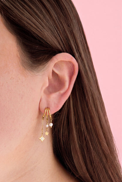 Triple Star Pearl Pendant Earrings - Gold