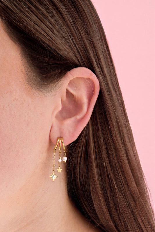 Triple Star Pearl Pendant Earrings - Gold