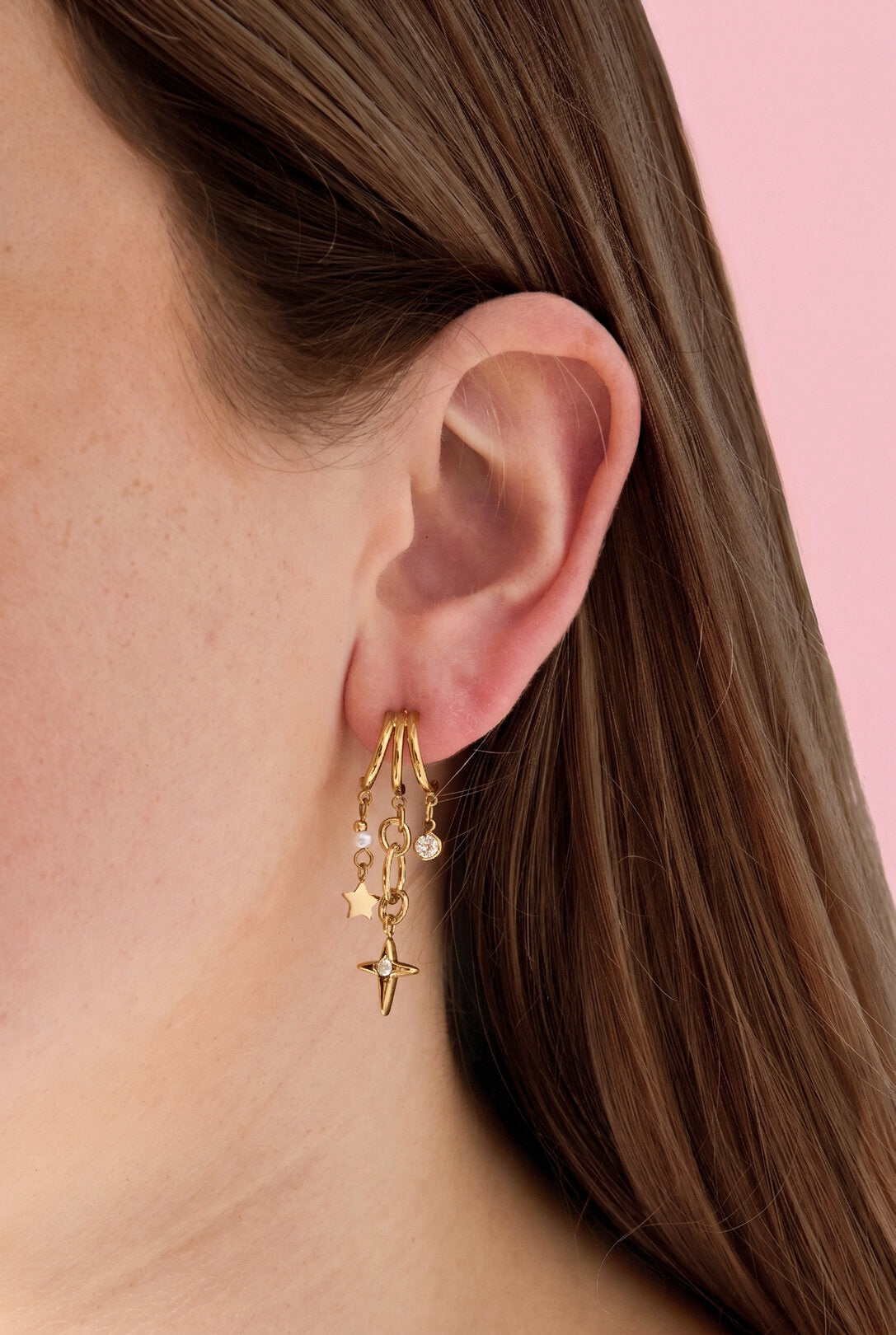 Triple Star Zircon Pendant Earrings - Gold