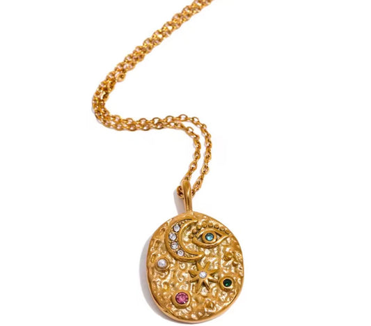 Gold Moon Eye & Star Disc Necklace