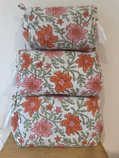 Wash Bag SETS OF 3 - Orange and Pink Flowers