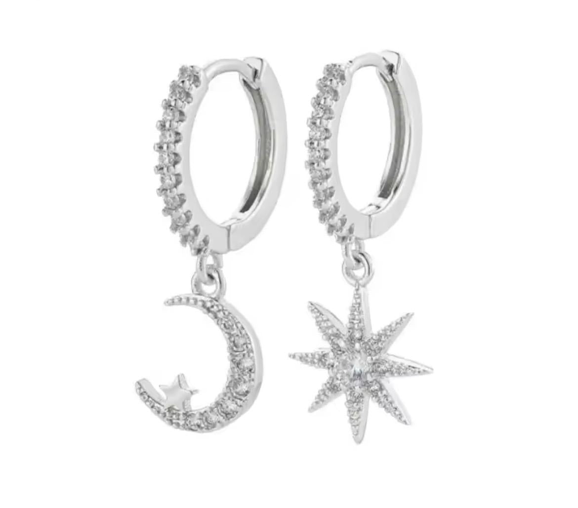 Moon & Star Sparkle Earrings - Silver