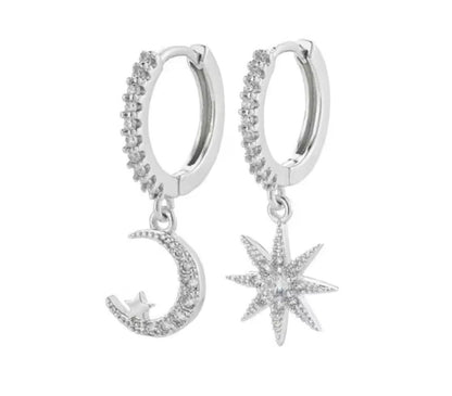 Moon & Star Sparkle Earrings - Silver