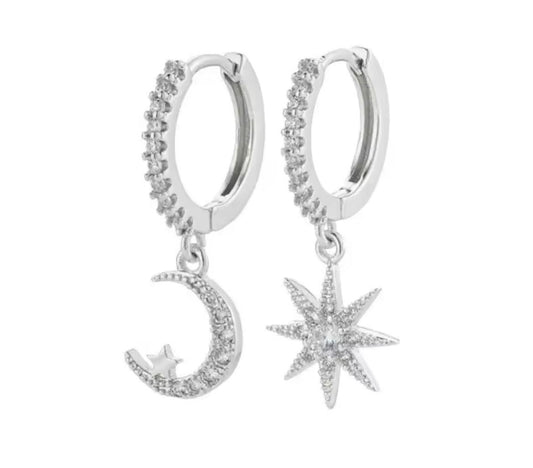 Moon & Star Sparkle Earrings - Silver