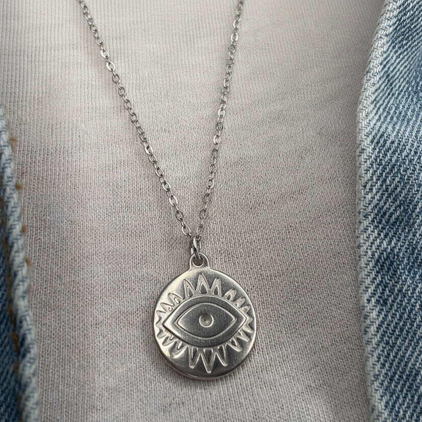 Eye Disc Extra Long Chain Necklace - Silver