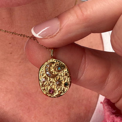 Gold Moon Eye & Star Disc Necklace