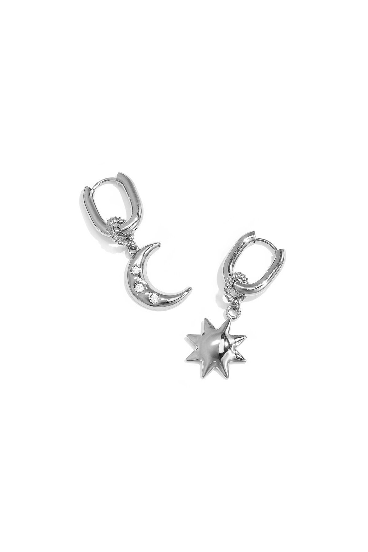 Squoval Earrings With Moon & Star - Silver