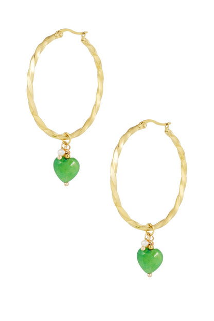 Twisted Hoops Green Hearts - Gold