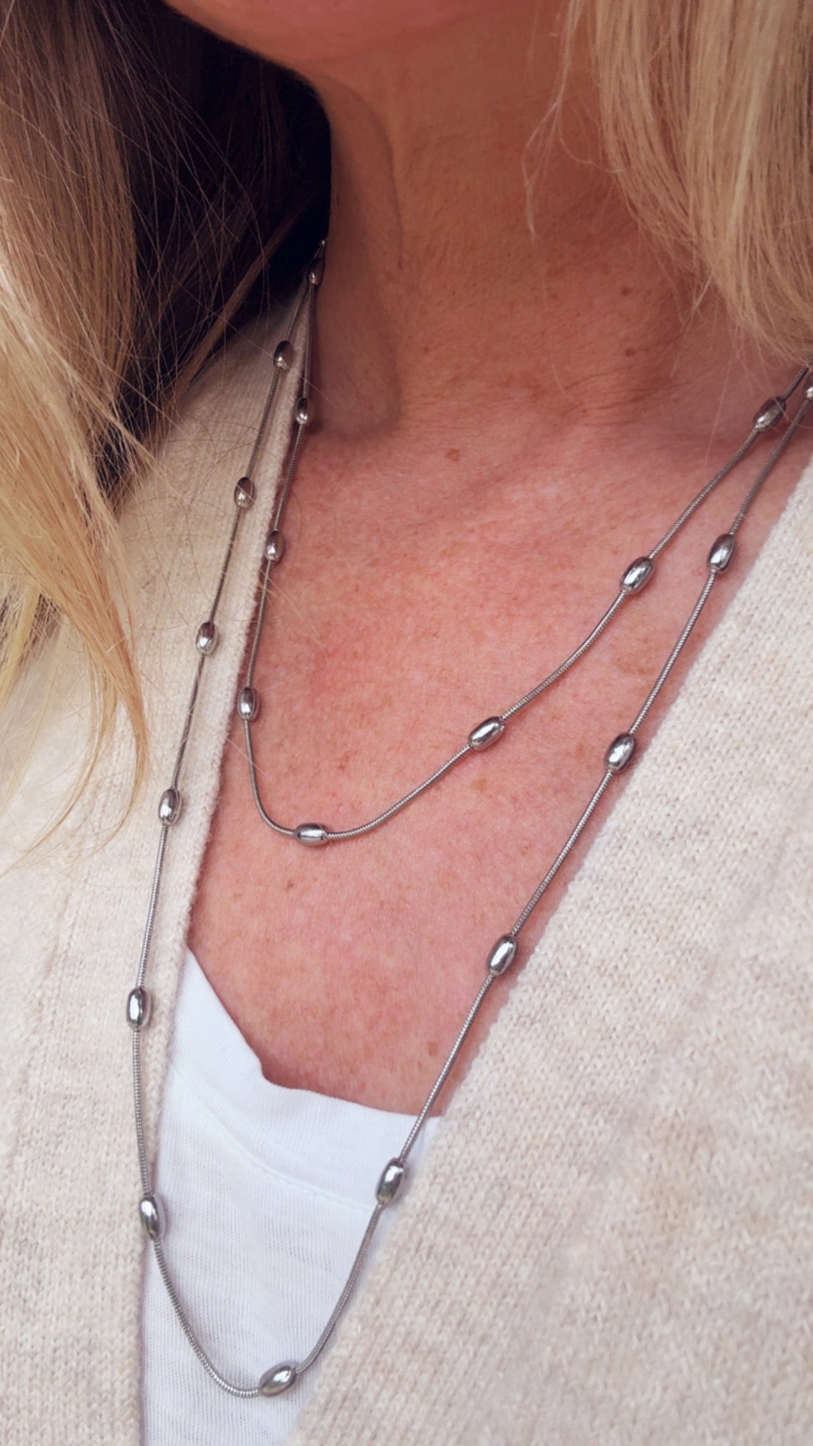 Coffee Bean Extra Long Necklace - Silver