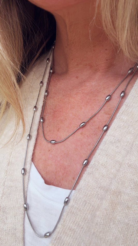 Coffee Bean Extra Long Necklace - Silver