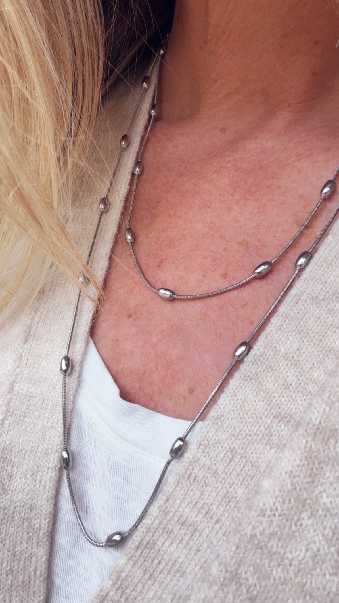 Coffee Bean Extra Long Necklace - Silver