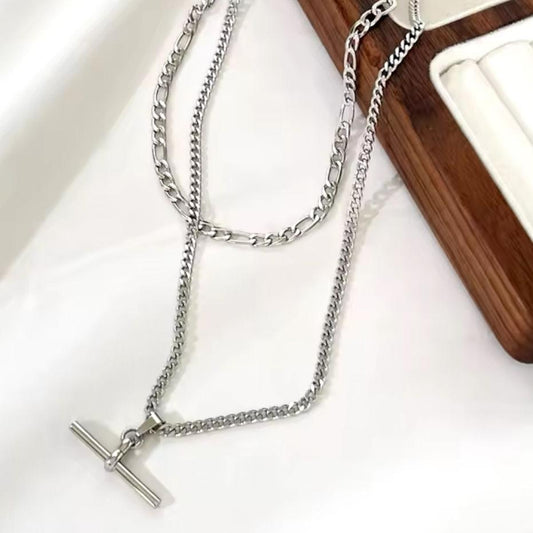 Double T Bar Necklace - Silver