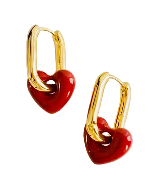 Oval Hoop Earrings With Plum Hearts - Gold
