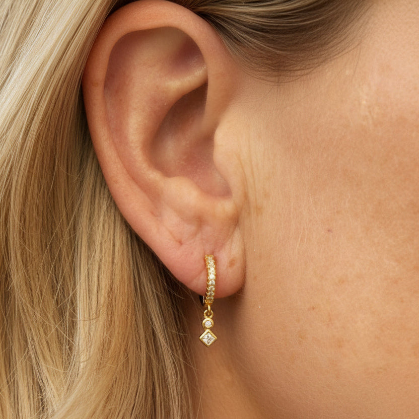 Little Double Diamond Drop Earrings - Gold or Silver