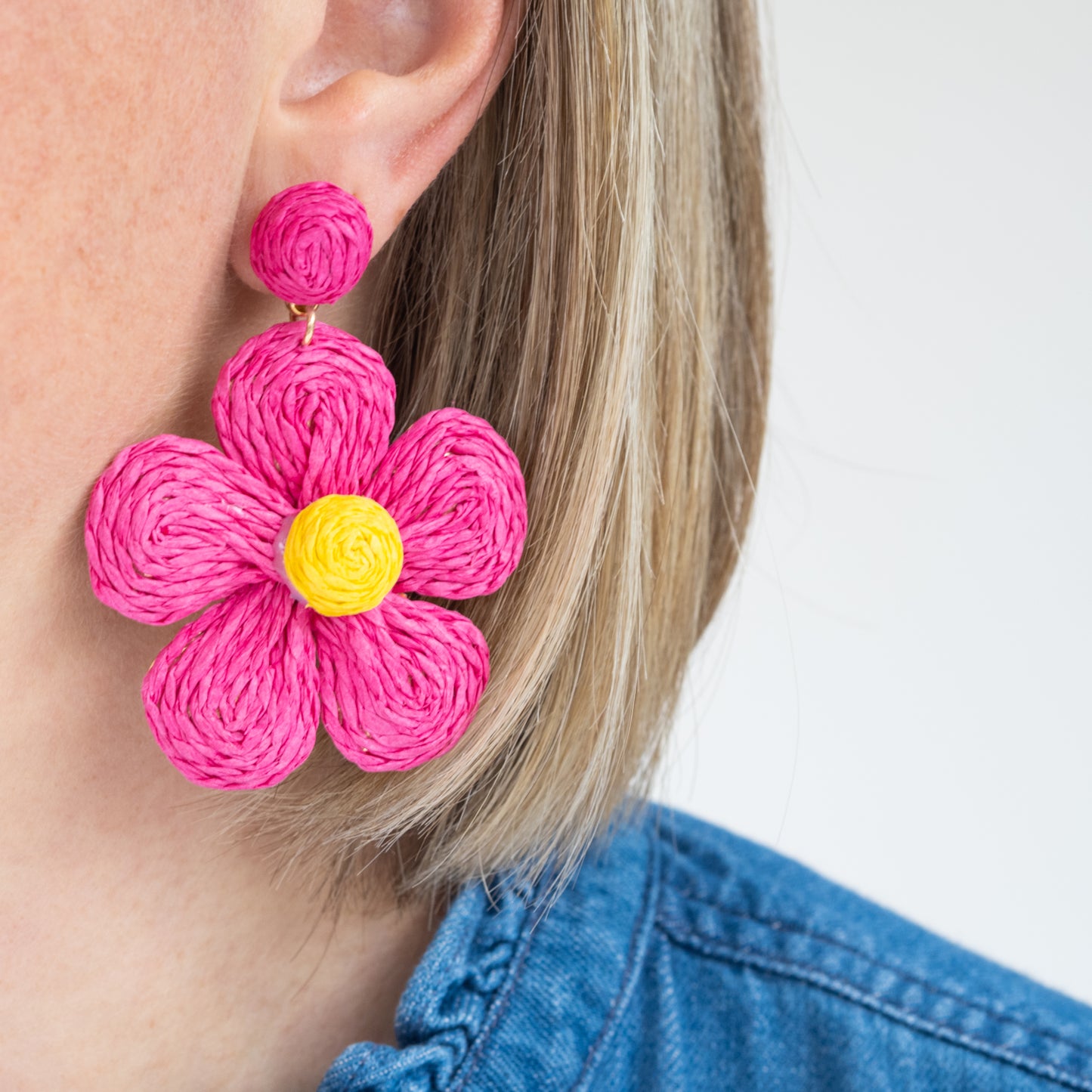 Raffia Flower Earrings - Pink/ Yellow